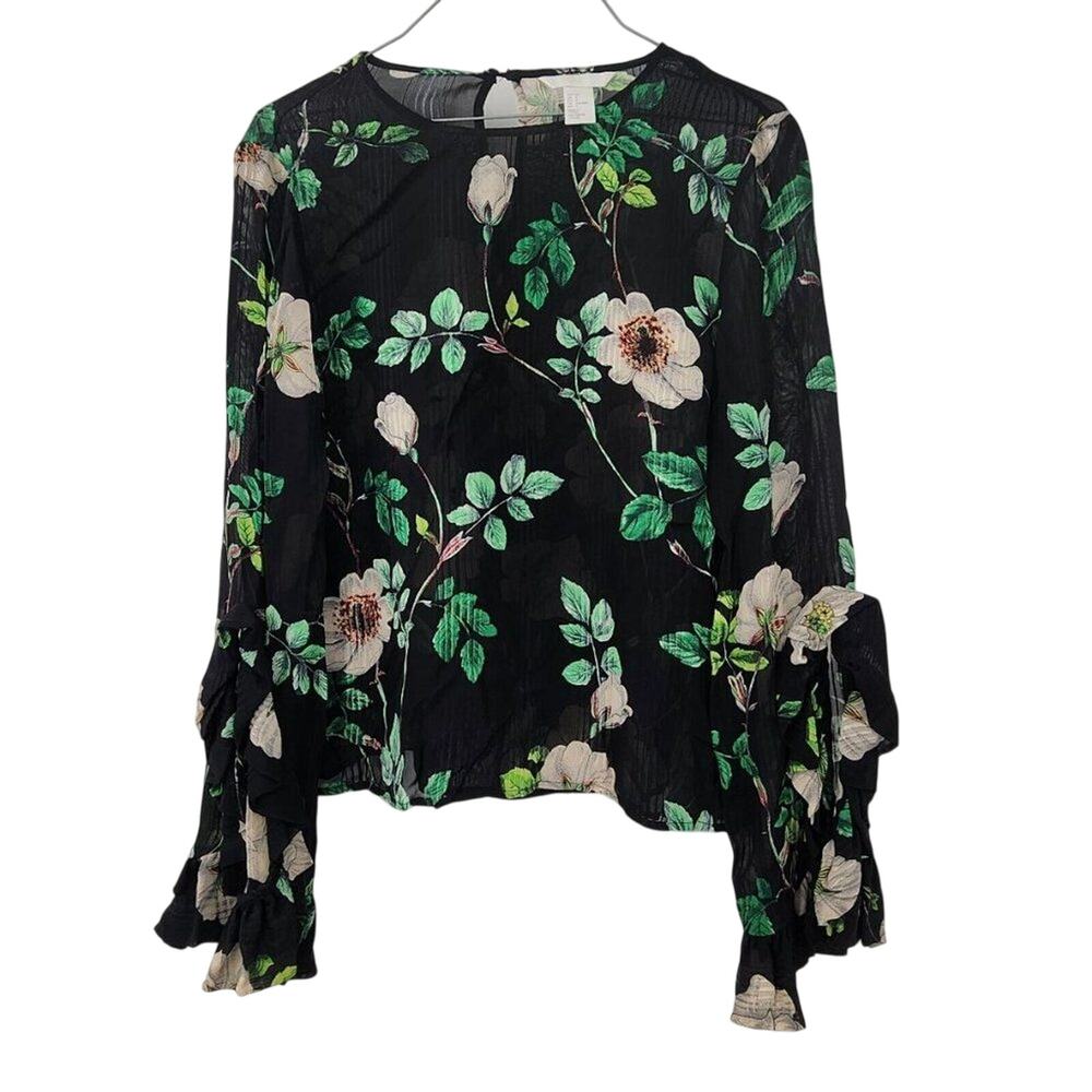 H&M Black Sheer Floral Botanical Ruffle Cuff Blouse Women's 4 Whimsigoth Boho